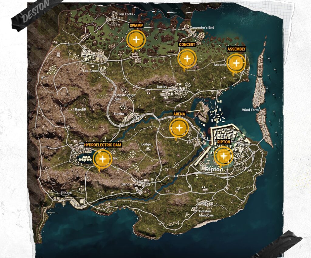 배틀그라운드 신규 맵인 데스턴의 지도 이미지이다.